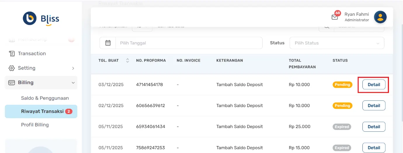 Cara melihat riwayat top up saldo
